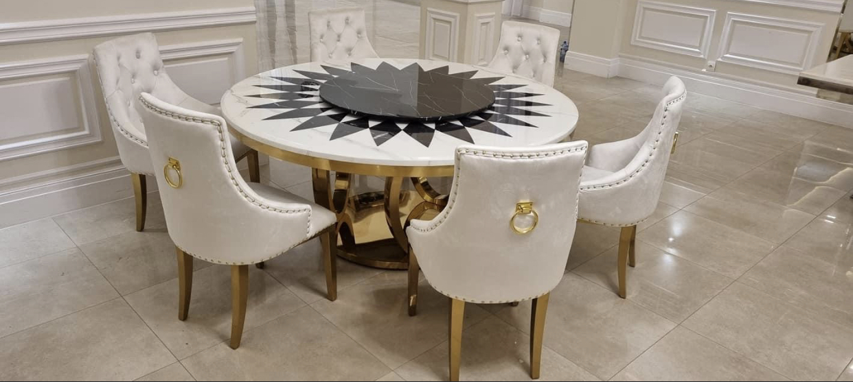 Okrągły stół + 6 krzeseł glamour gold